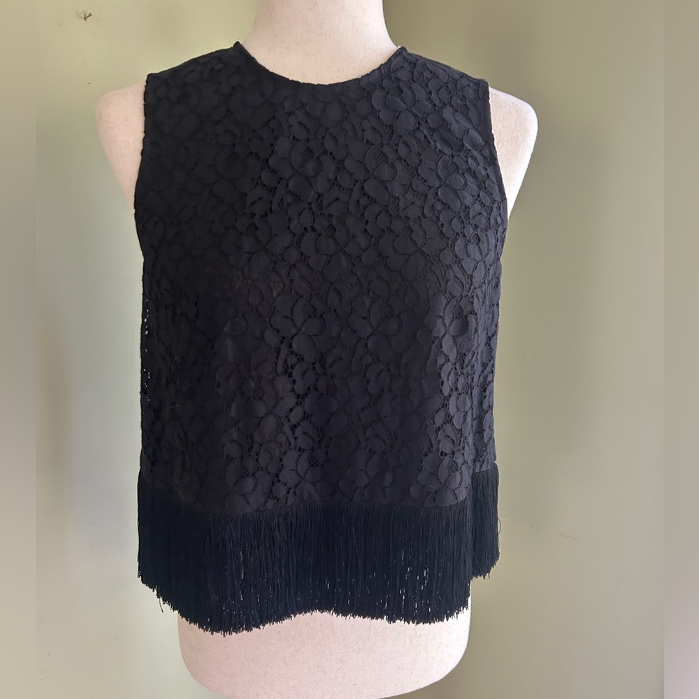 NWT Derek Lam 10 Crosby black lace sleeveless top. Bottom fringe. Size 6.